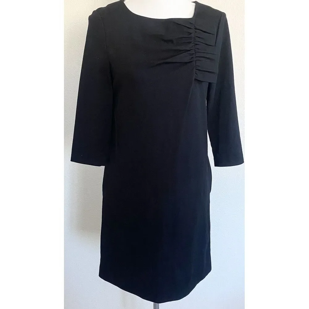 Kate‎ Spade Dress Women 4 Black Excellent 3/4 Sleeve Pleated Neck Ponte Sheath
